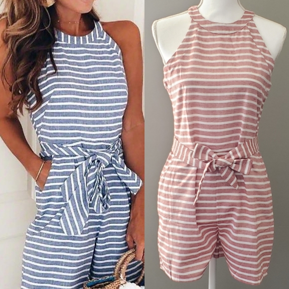 ChicMe Pants - NWOT CHICME Striped Self Belted Casual Romper